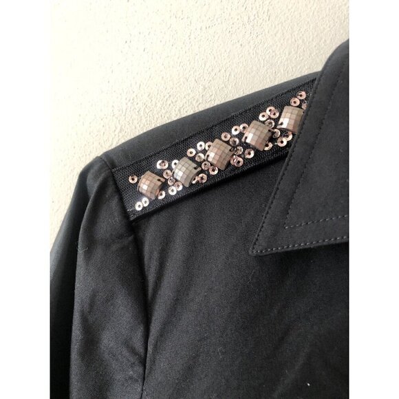 NWT Express Womens Size M Black Beaded Blouse Essential Stretch Roll Tab Sleeve - Picture 3 of 7
